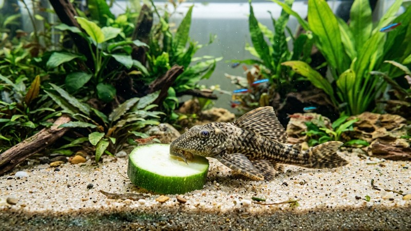 un pez pleco comiendo un trozo de calabacín escaldado en el fondo de arena de un acuario plantado y limpio