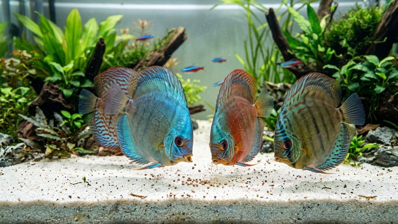 peces disco elegantes y sanos picoteando la comida posada sobre la cama de arena clara de un acuario cristalino