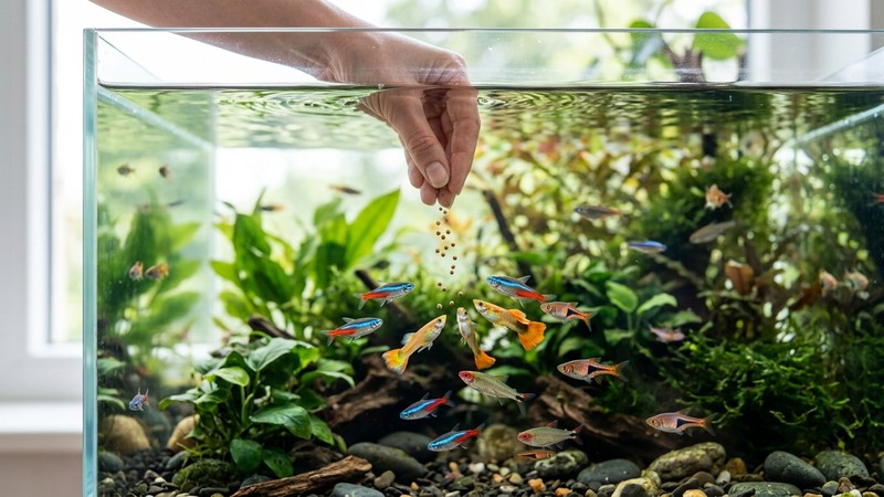 una mano soltando una pizca minúscula de gránulos en un acuario limpio mientras los peces suben a comer, agua transparente