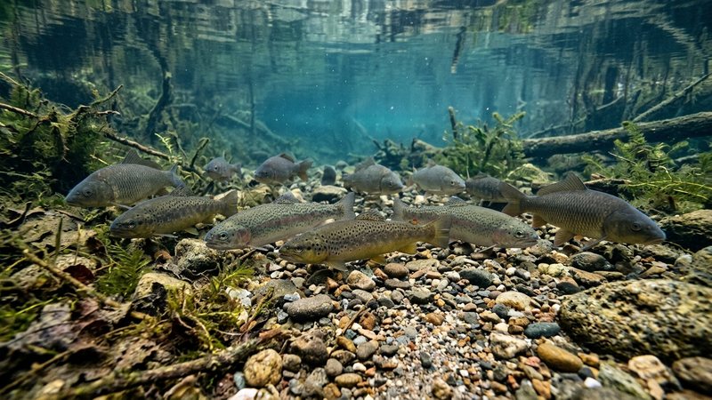 peces de agua fría tranquilos y quietos cerca del fondo de un estanque limpio de agua clara en un día fresco