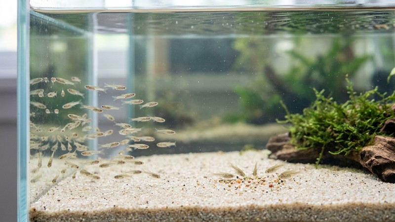 diminutos alevines sanos nadando en un acuario de cría limpio junto a una pequeña porción de alimento fino