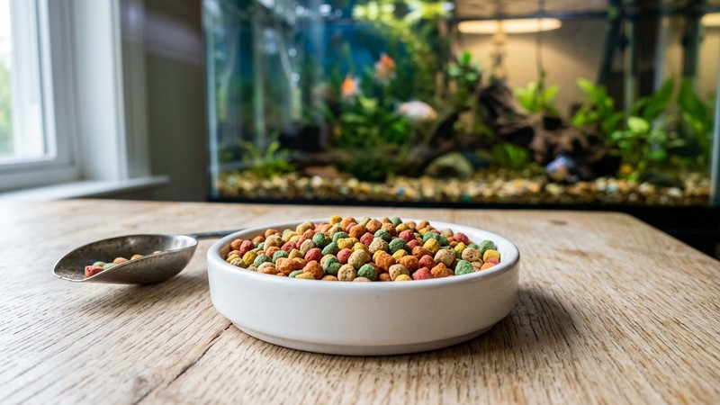 gránulos de alimento para peces de colores variados reposando en un platito de cerámica blanca sobre una mesa de madera clara, primer plano detallado que muestra su textura, junto a un acuario desenfocado al fondo