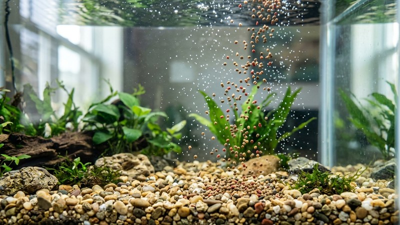 pequeños gránulos de alimento hundiéndose lentamente dentro del agua de un acuario, cayendo hacia el sustrato entre burbujas diminutas, con la grava del fondo enfocada abajo y el agua muy clara