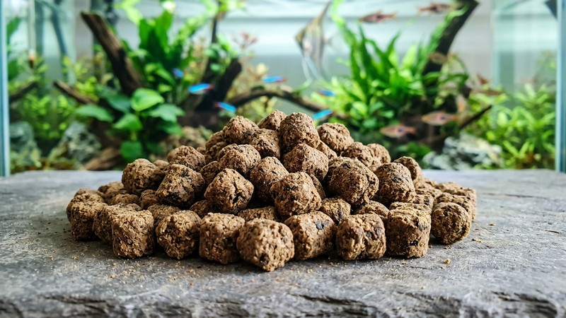 un primer plano de pellets grandes y densos de alimento para peces amontonados, textura compacta y rugosa bien detallada, sobre una superficie neutra con un acuario cristalino borroso detrás