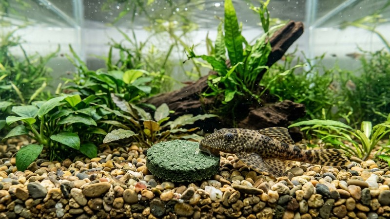 una oblea vegetal de alga verde reposando sobre la grava del fondo de un acuario, con un pleco pequeño acercándose a rasparla, agua cristalina y plantas acuáticas alrededor