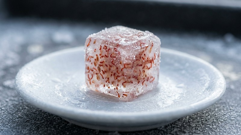 un cubo de alimento congelado para peces, un bloque helado y traslúcido con pequeños organismos rojizos en su interior, apoyado en un platito frío con ligera escarcha, primer plano nítido sobre fondo neutro