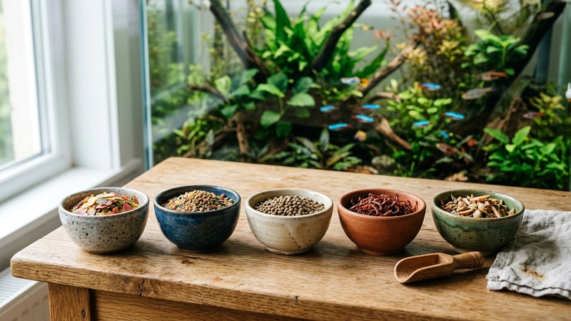 un pequeño bodegón de varios cuencos de cerámica con distintos alimentos para peces en reposo, escamas, gránulos y trozos secos, ordenados sobre una mesa de madera clara junto a un acuario plantado desenfocado