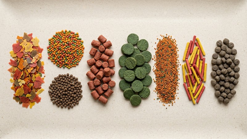 varios tipos de alimento para peces repartidos en pequeños montones sobre una superficie clara, escamas, gránulos de colores, pellets y obleas verdes, vistos desde arriba con nitidez y ordenados con cuidado