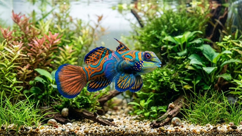 un pez tropical de colores intensos y vivos, aletas desplegadas y muy vigoroso, nadando en primer plano dentro de un acuario plantado limpio y cristalino con luz suave