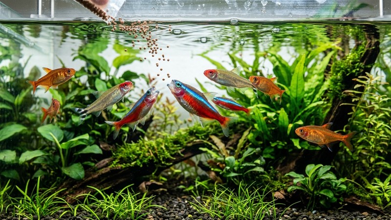 varios peces sanos y bien formados lanzándose con apetito hacia pequeños trozos de comida que caen sobre la superficie del agua de un acuario plantado, colores realistas y agua cristalina