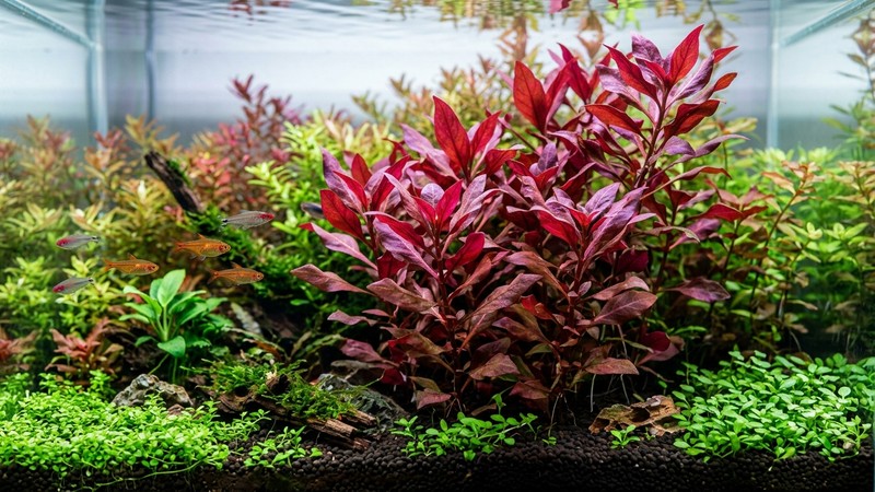varios tallos de Alternanthera reineckii de tonos rojos y púrpuras dentro de un acuario tropical plantado, con hojas sanas y agua muy limpia