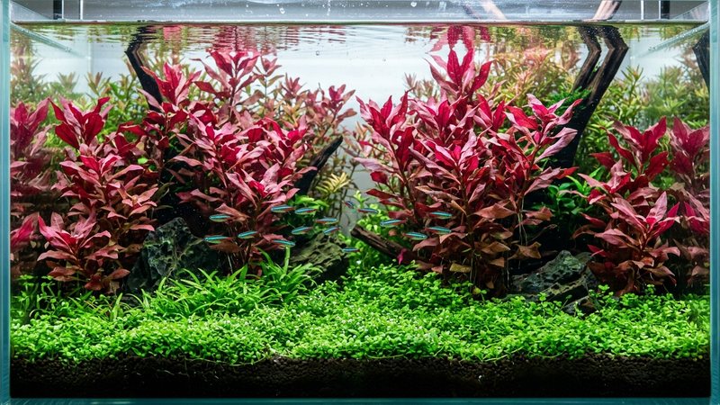 un grupo de tallos rojos altos de Alternanthera reineckii ocupando la zona media y trasera de un acuario plantado, contrastando con plantas verdes bajas al frente