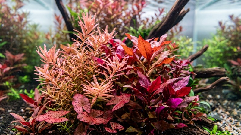 un primer plano de distintas variedades de plantas rojas de acuario, mostrando hojas de tonos rosados, rojizos y vinosos juntas dentro del agua cristalina