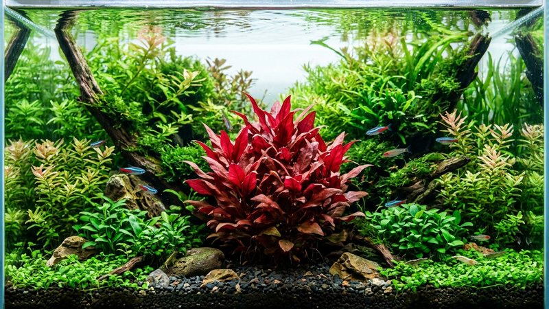 un arbusto rojo de Alternanthera reineckii destacando como punto focal en el centro de un acuario dominado por plantas verdes