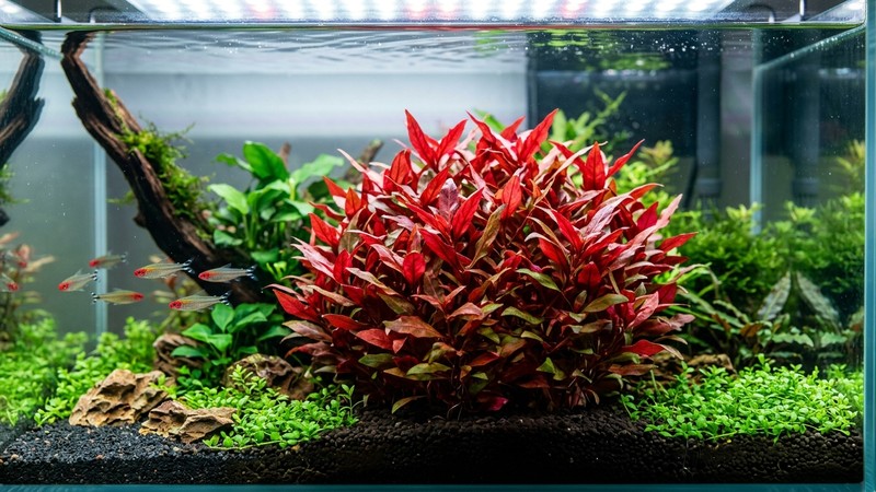 una planta acuática roja compacta y sana bajo una luz intensa, con hojas de color encendido y forma tupida dentro de un acuario limpio