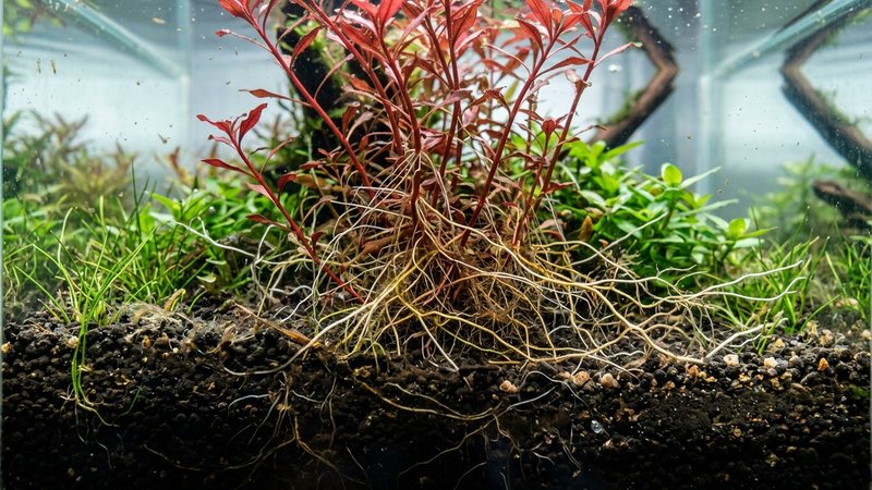 las raíces densas de una planta de tallo rojo asentadas en un sustrato nutritivo oscuro dentro de un acuario plantado