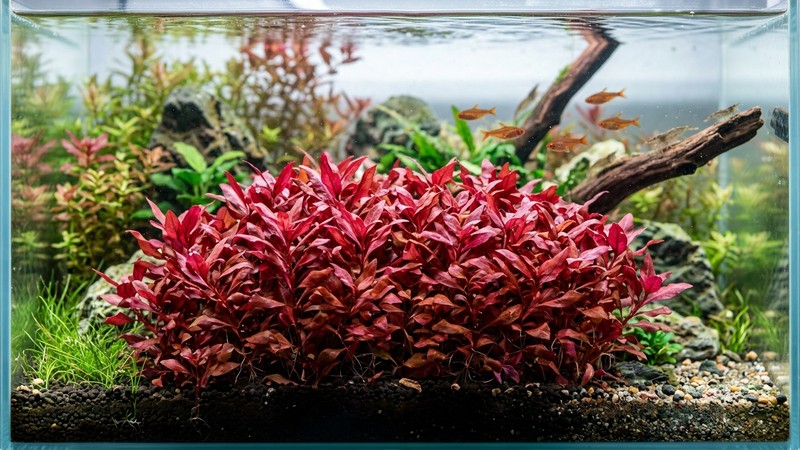 un macizo denso de varios tallos de Alternanthera reineckii plantados muy juntos formando una mancha roja compacta en el acuario