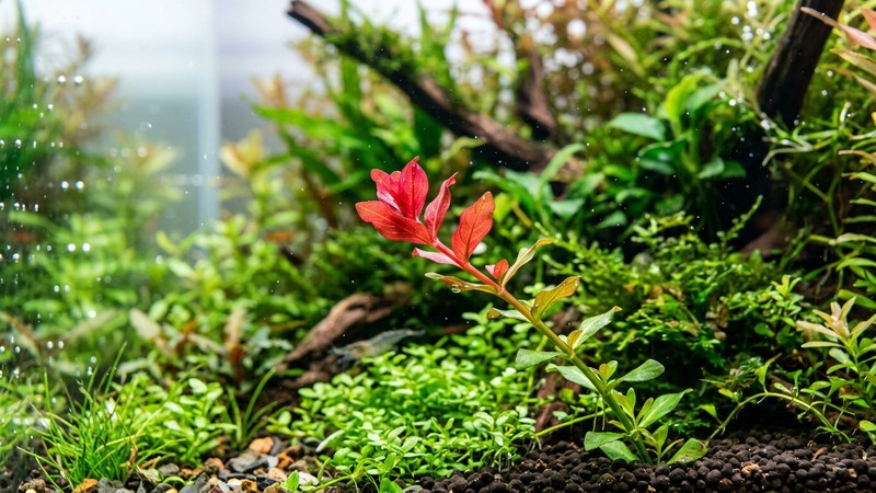 hojas acuáticas nuevas de un rojo brillante brotando en las puntas de una planta de tallo dentro de un acuario sano y cristalino