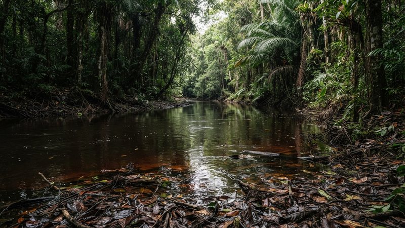 un río de aguas negras de la selva del Orinoco, agua color té por los taninos, rodeado de vegetación densa y hojas caídas