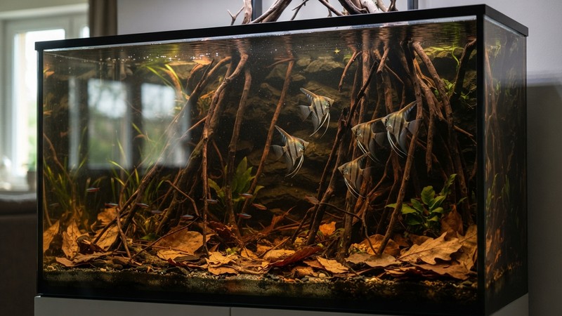 un acuario alto y grande de más de sesenta centímetros de alto, con raíces verticales, hojas secas en el fondo y peces altum nadando con espacio