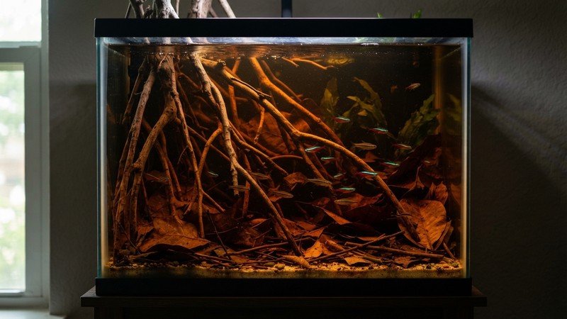 un montaje de biotopo de agua negra con raíces altas, hojas secas de almendro en el fondo y agua teñida de ámbar en un acuario alto