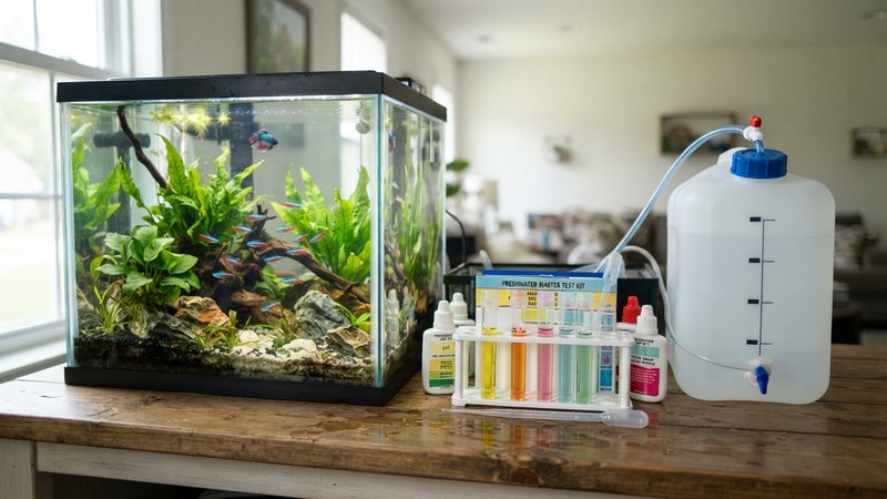 un kit de test de agua con tubos de colores y un recipiente de agua de ósmosis junto a un acuario alto y cristalino