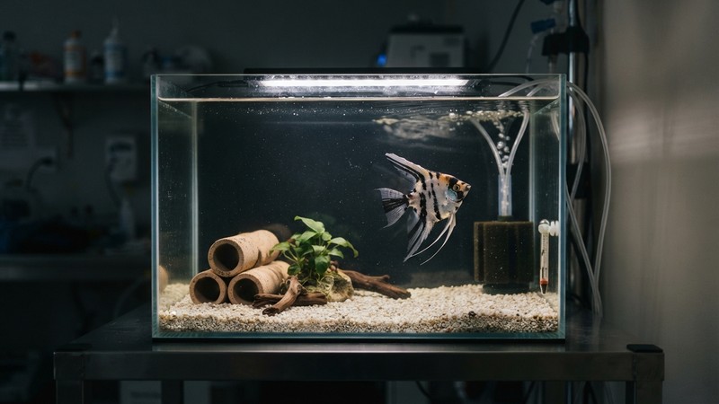 un pequeño acuario hospital limpio, tranquilo y con poca luz, con escondites de tubos de cerámica y un pez ángel altum en cuarentena