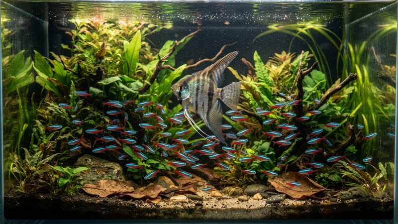 un acuario comunitario cálido con un pez ángel altum conviviendo con un cardumen numeroso de tetras cardenales entre plantas