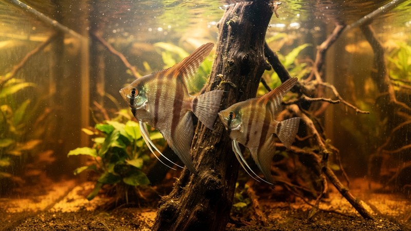 una pareja de peces ángel altum adultos junto a una raíz vertical en un acuario alto de agua ambarina, con las bandas rojizas bien marcadas