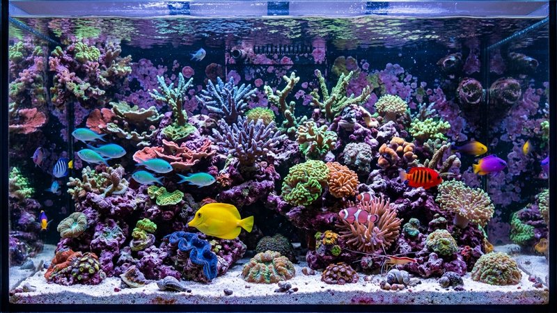 un acuario de arrecife sano y equilibrado, con corales de colores vivos y peces marinos brillantes, agua cristalina y roca cubierta de coralina, iluminado con una luz azulada de arrecife realista
