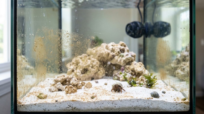 la arena y el cristal de un acuario marino joven cubiertos por una fina capa parda de diatomeas, tono marrón claro sobre el fondo de arena blanca