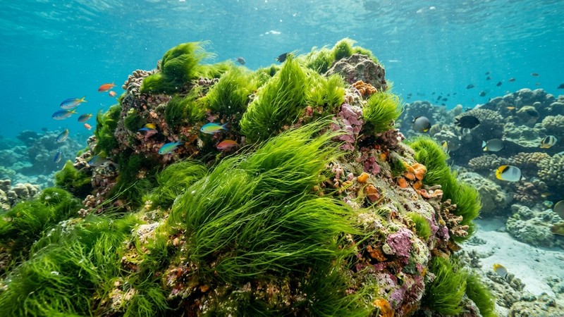 una roca de arrecife cubierta de algas verdes filamentosas tipo pelo, mechones verdes ondeando en el agua limpia