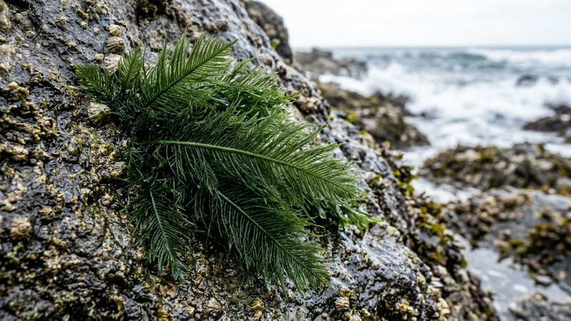 alga bryopsis de color verde intenso sobre una roca, con sus filamentos plumosos brotando de un tallo central como las barbas de una pluma