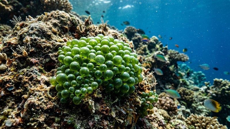 alga burbuja Valonia de color verde brillante sobre una roca de arrecife, con sus esferas relucientes parecidas a perlas