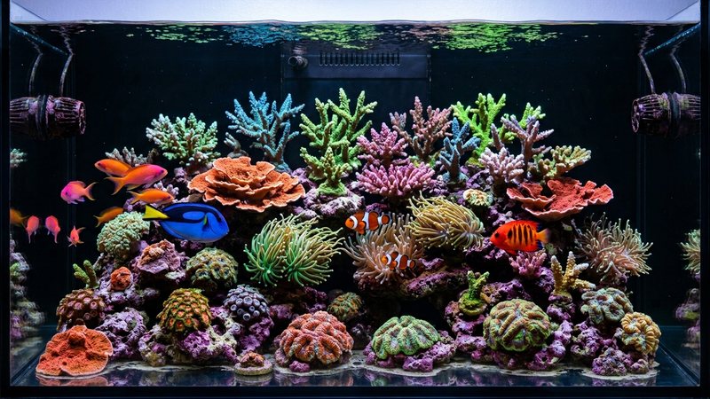 un acuario de arrecife limpio y sano tras el control de las plagas, agua cristalina, roca despejada y corales saludables