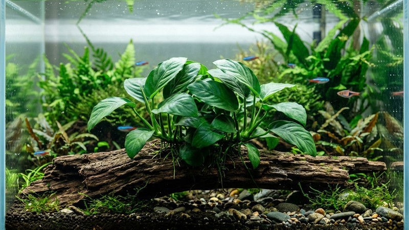 una mata de anubias de hoja gruesa y verde profundo creciendo aferrada a un tronco sumergido en un acuario limpio