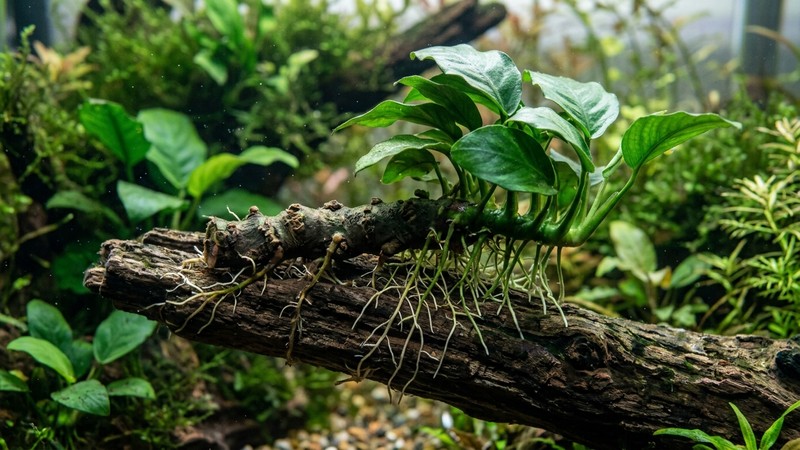 un primer plano del rizoma grueso y horizontal de una anubias apoyado sobre un tronco sin enterrar, con sus raíces finas visibles