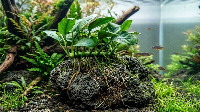 una anubias apoyada sobre una roca porosa dentro de un acuario, mostrando sus raíces gruesas y sus raíces finas agarradas a la piedra
