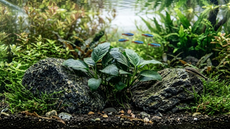 una anubias de hojas verde oscuro acuñada entre dos piedras en el fondo de un acuario plantado