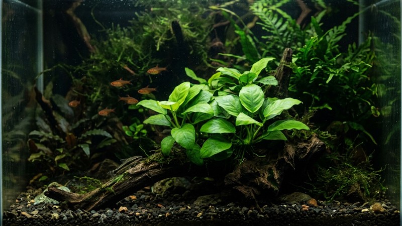una anubias creciendo en una zona sombreada de un acuario, con sus hojas verdes brillantes bajo una luz suave y tenue