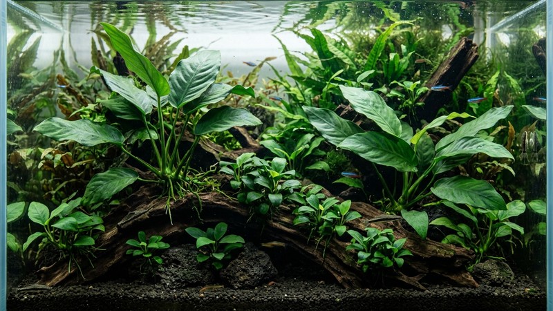 varias variedades de anubias de distintos tamaños, unas de hoja pequeña y otras de hoja grande, en un mismo acuario verde y sano