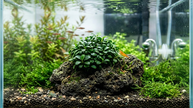 una anubias nana petite pequeña y compacta de hojas menudas sobre una roca en un nano acuario plantado