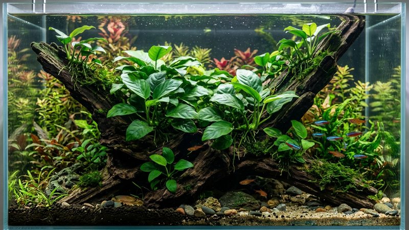 una colonia frondosa de anubias cubriendo un tronco grande en un acuario plantado maduro y sano