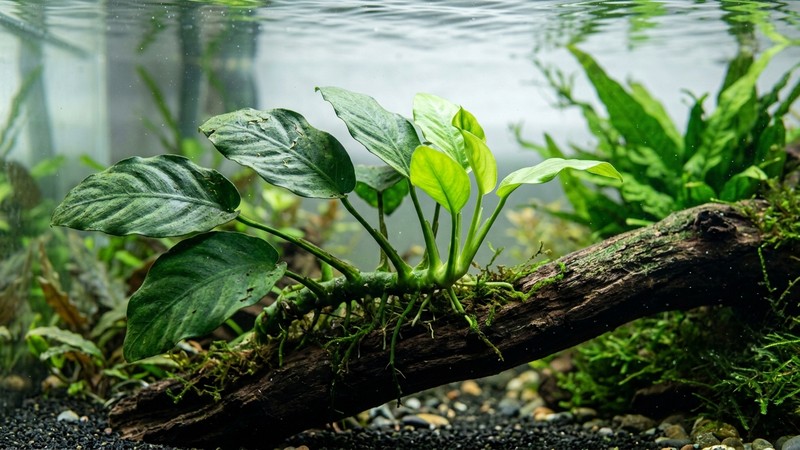 las hojas viejas y las hojas nuevas de una anubias, con las hojas jóvenes más brillantes brotando del rizoma