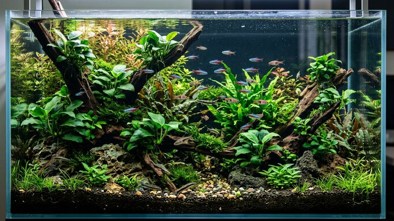 un acuario plantado sano y maduro con anubias frondosa atada a rocas y troncos, agua cristalina y peces tropicales pequeños entre las hojas