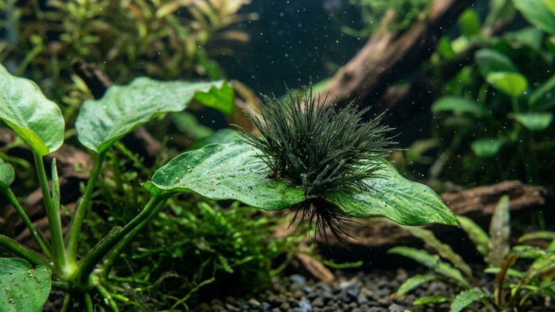 un penacho de alga pincel verde oscuro casi negro brotando desde un punto de anclaje firme sobre una hoja, con los pelillos bifurcándose como cerdas de brocha, macro nítido dentro del acuario