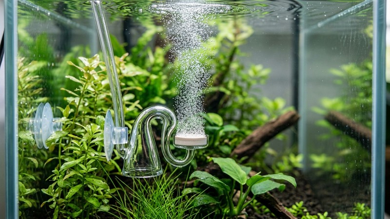 un difusor de CO2 de cristal soltando burbujas muy finas dentro de un acuario plantado, columna de microburbujas ascendiendo entre plantas verdes sanas, agua transparente