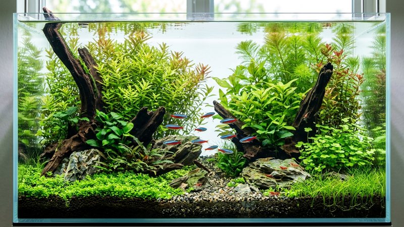 un acuario plantado limpio y sano tras el control de algas, plantas de un verde vivo, piedras y troncos sin manchas oscuras, agua cristalina, ambiente equilibrado