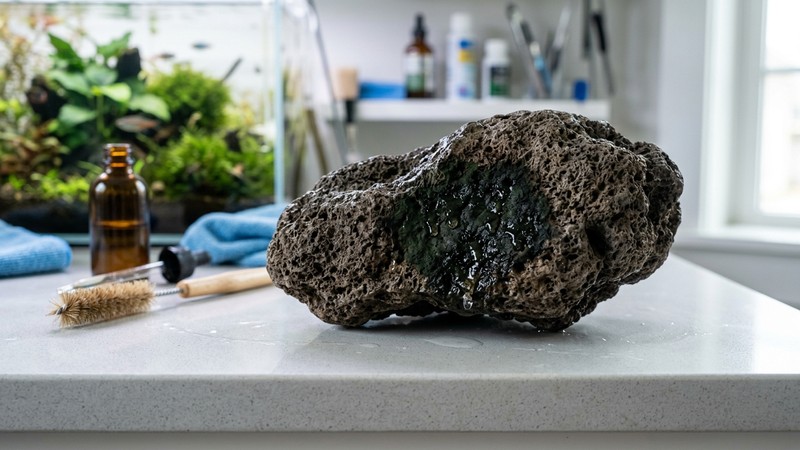 una roca de acuario apoyada fuera del agua sobre una superficie clara, con una mancha oscura de alga tratada localizada, gotas de líquido antialga sobre ella, ambiente de mantenimiento sereno