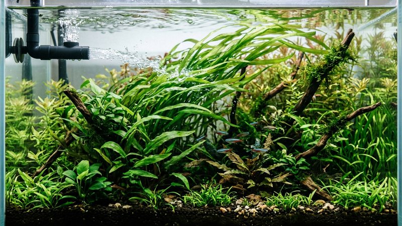 la salida de un filtro de acuario generando una corriente que mueve suavemente las hojas de las plantas, reparto de flujo por todo el acuario, agua limpia y plantas sanas